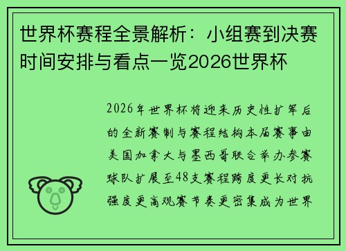 世界杯赛程全景解析：小组赛到决赛时间安排与看点一览2026世界杯